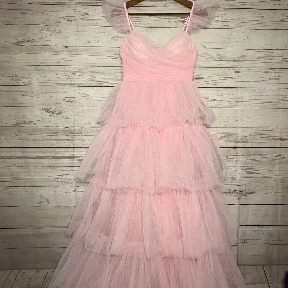 Lulus Fabulous Poise Lt Pink Tulle Ruffled Tiered Maxi Dress Small MSRP $128
